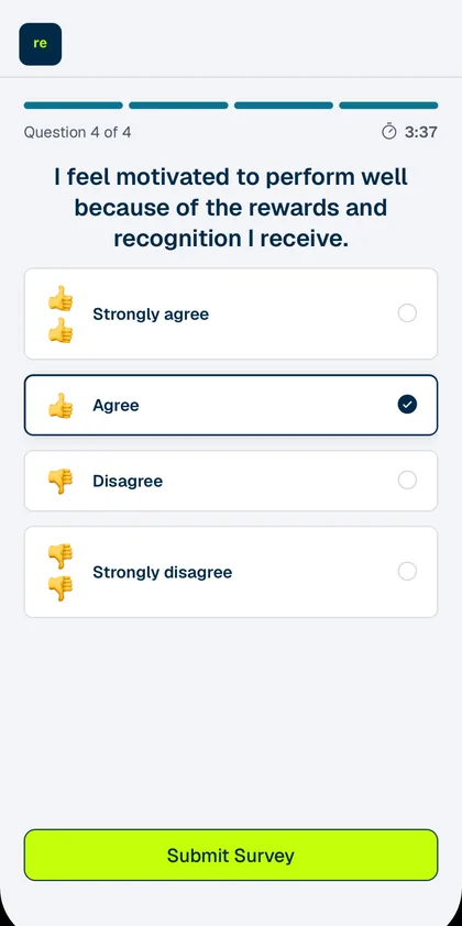 Reflectal on a phone, showing a check-in question with four answer choices and a submit button